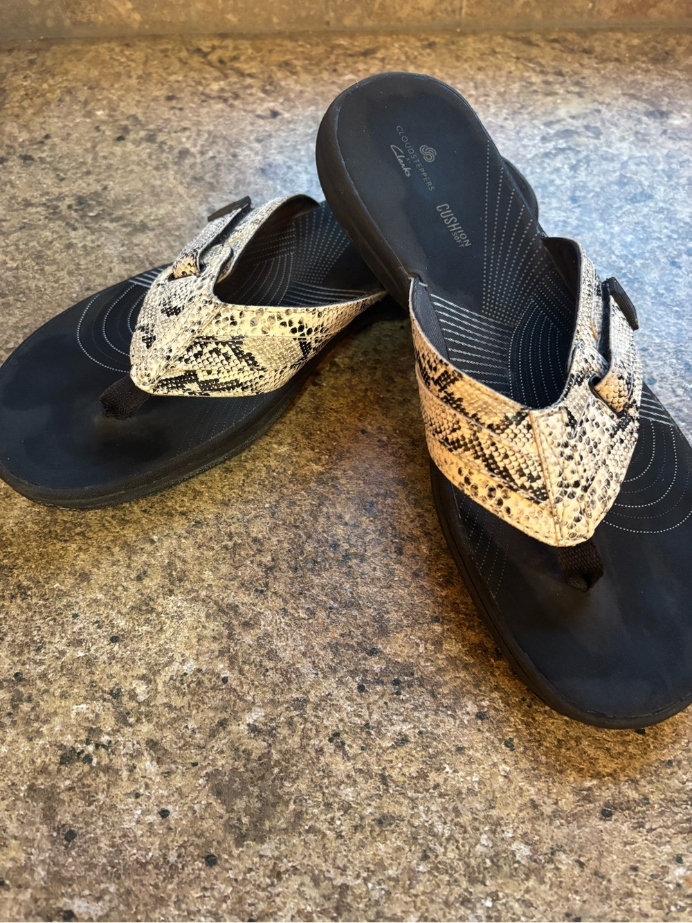 Clarks Women's Black Sandals with Snake-Print Straps